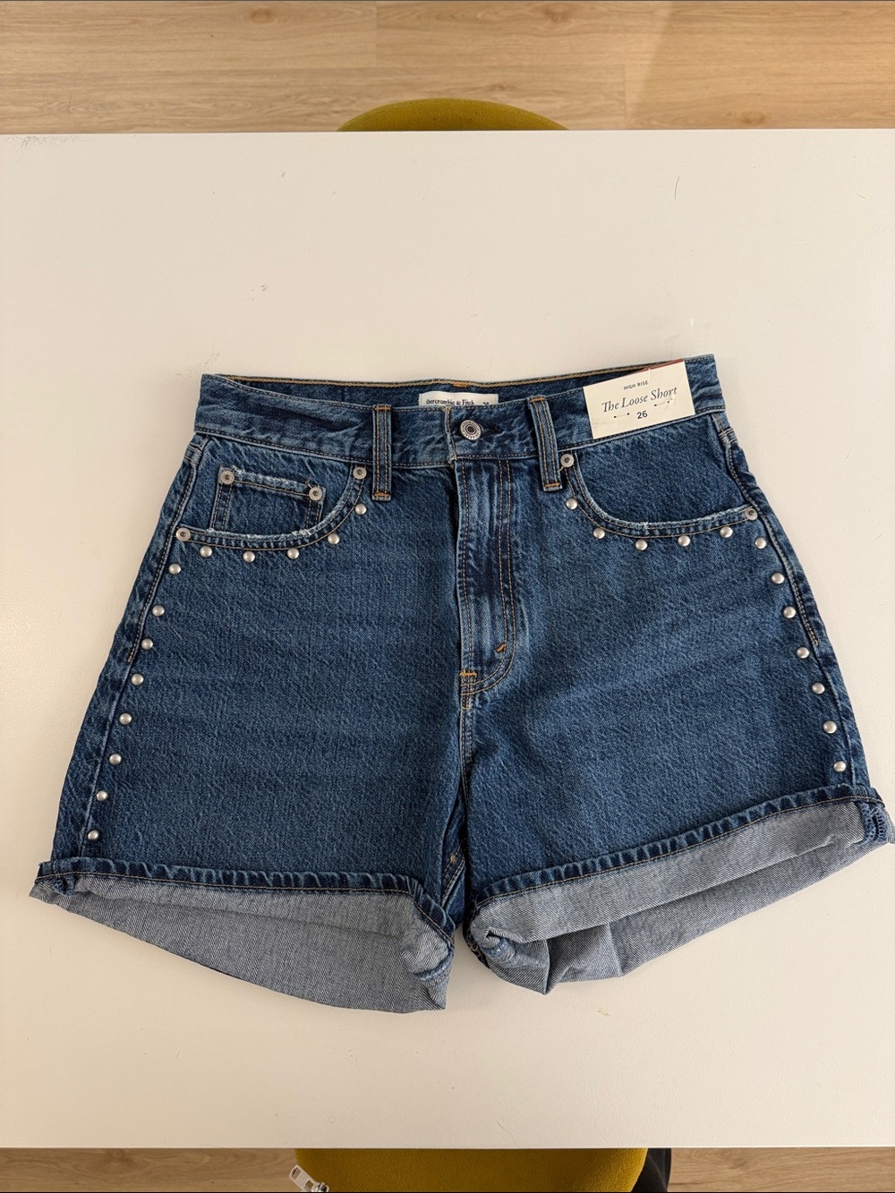 Abercrombie & Fitch Dark Blue Studded High-Rise Denim Shorts
